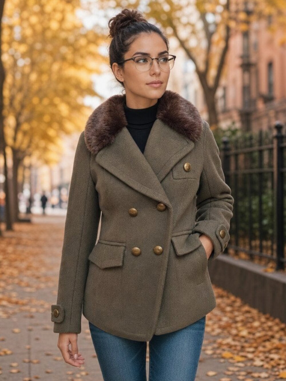 American Eagle army green double breasted with faux fur trim wool pea coat